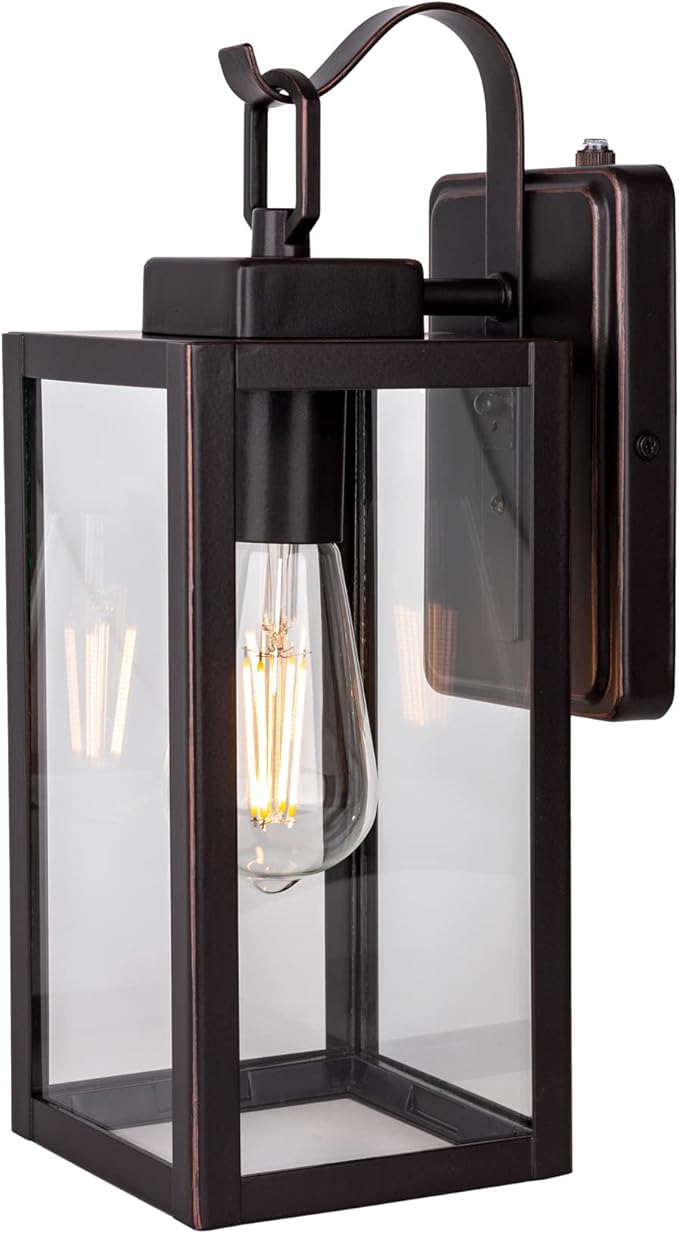 LIT-PaTH Dusk to Dawn Outdoor Wall Lantern, Wall Sconce as Porch Lighting Fixture, E26 Medium Base Max 60W, Anti-Rust Metal with Glass Shade, Oil Rubbed Bronze Finish, 1-Pack