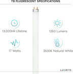 LUXRITE F17T8/835 17W 24 Inch T8 Fluorescent Tube Light Bulb, 3500K Natural White, 1350 Lumens, G13 Medium Bi-Pin Base, LR20751, 12-Pack
