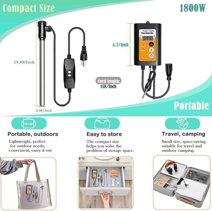 1800W Titanium Immersion Water Heater for Pool And Hot Tub, with Gfci Plug/Thermostat For Bathtub, Inflatable Hot Tub, Small Above Ground Pools, Baptistry, Baptismal Pool Heater