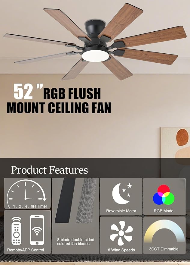 52 inch Ceiling Fan with Light, 6 Speeds Reversible Low Profile Ceiling Fan with Light and Remote/APP Control, 3 Color Temp+Dimmable RGB, 8 Blades, Flush Mount Quiet Ceiling Fans, Brown