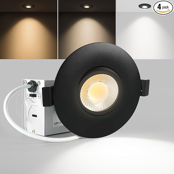 Sublimation Black Black 1 Pack 3 Inch 3CCT Gimbal Led Recessed Light with Junction Box 10w,Waterproof recessed Lights for Shower,3 Colors Adjustable
