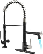 Fapully Kitchen Faucet, Black&Brushed Nickel Kitchen Faucet with Pull Down Sprayer, Commercial Kitchen Faucets with LED Light and Deck Plate