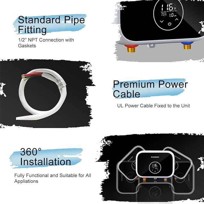 Electric Tankless Water Heater 240V, ECOTOUCH 6kW Point of Use Tankless Water Heater Instant Hot Water Heaters Electric with Self-modulation Technology ETL Certificated ECO60BE Black