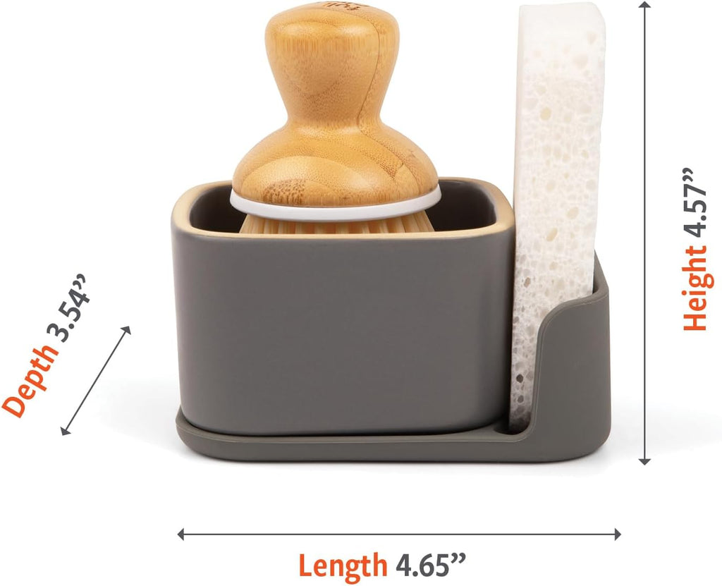 Full Circle Bubble Up Combo—Family Safe, Formaldehyde-Free-Gray Ceramic Soap Dish with Plant-Based Sponge & Bamboo Dish Brush-Versatile Kitchen Scrub Brush Set for Pots, Pans,Counter & Sink,Gray