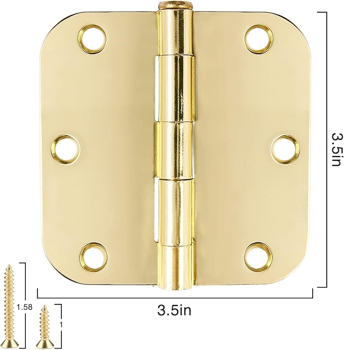12 Pack Interior Door Hinges 3.5 inch X 3-1/2" 5/8 Radius, Polished Brass 3 ½" Gold Round Standard Hinge for Bedroom Doors DIY Assembly Bi-fold Table Hardware Home Accessories House Eseentials