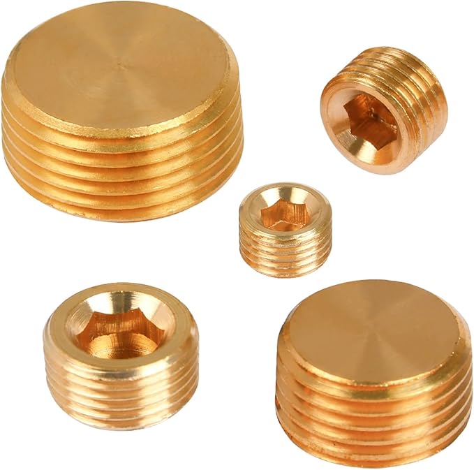 25 Pcs Brass Pipe Plug Fitting, 5 Sizes 1/8" 1/4" 3/8" 1/2" 3/4" NPT Male Internal Hex Thread Socket Pipe Plug Fitting Assortment Kit