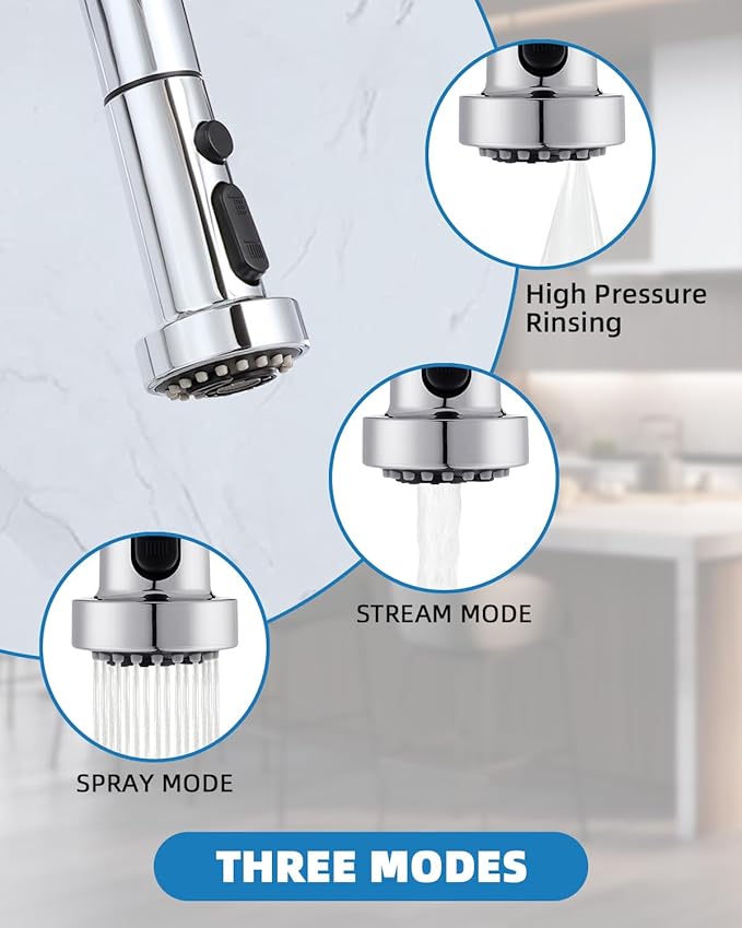 Hibbent Kitchen Faucet Head Replacement, Pull Down Sink Spray Nozzle with 3 Function, G1/2 or 13/16 Inch Male Connector (Only for G1/2 Connector, Chrome)