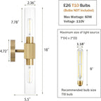 Gold Knurled Texture Wall Sconce Clear Glass Shade Modern Bathroom Vanity Light Fixtures 2-Lights Mid Century Wall Light for Mirror Living Room Hallway E26 T10 Bulbs(Excluded)