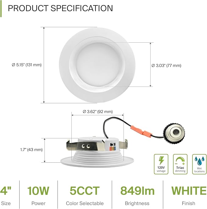 ASD 4 Inch Retrofit LED Recessed Lighting | Metal Trim White 10W 849LM 120V 2700K-5000K Adjustable Ceiling Downlights | Triac Dimmable Wet Rated Room Can Lights, ETL Energy Star, 6 Pack