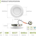 ASD 4 Inch Retrofit LED Recessed Lighting | Metal Trim White 10W 849LM 120V 2700K-5000K Adjustable Ceiling Downlights | Triac Dimmable Wet Rated Room Can Lights, ETL Energy Star