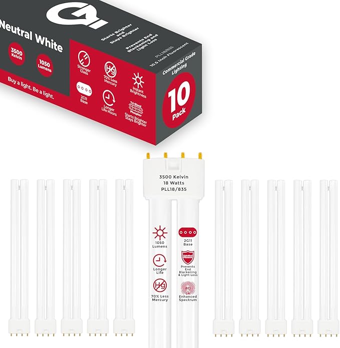 GoodBulb PLL18/835 18W 10.5" Twin Tube Compact Fluorescent Light Bulb 4-pin 2G11 Base 3500K Neutral White 1050 Lumen 36000 Hour Long Life Biax Pack of 10