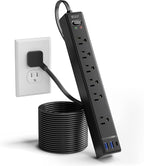 10Ft Extension Cord with Multiple Outlets, SUPERDANNY Flat Plug Surge Protector Power Strip with 3 USB Ports & 6 Outlets, 10 Ft Long Cord, Black Charging Station for Home Office, Dorm Room Essentials