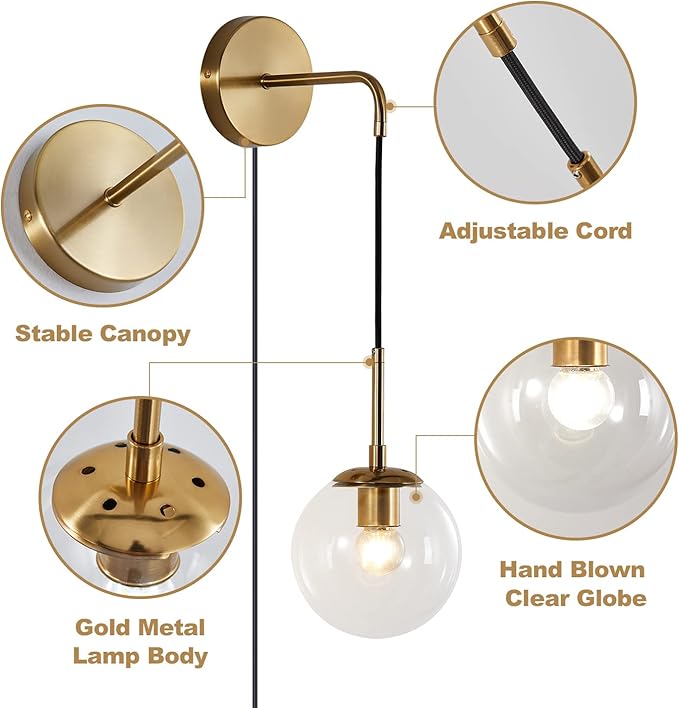 KCO Modern Globe Wall Sconce with Plug in Industrial Vintage Wall Lamp On/Off Switch Minimalist 1-Light Mounted Lamps for Bedroom Living Room Corridor (Clear & 2-Pack)