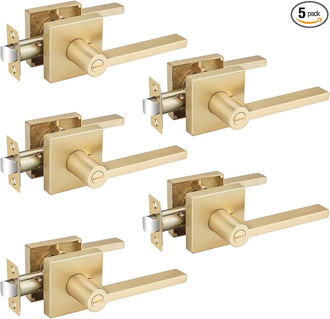 EHOMEWARE 5 Pack Door Knobs Interior, Bathroom Bedroom Door Locks Door Handles in Satin Brass Finish, Heavy Duty Keyless Privacy Door Handles with Locks, Sleek Design & Durable Construction