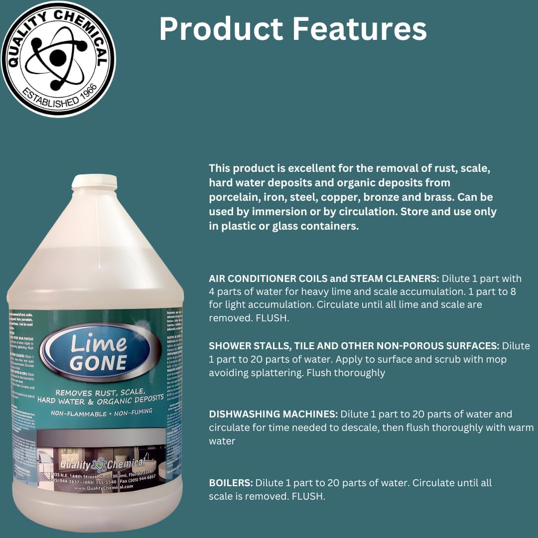 Quality Chemical Lime-Gone Remover - Calcium, Lime and Hard Water Stain Remover for Bathroom, Shower and Tile - Lime a Way - 128 oz (Pack of 1)