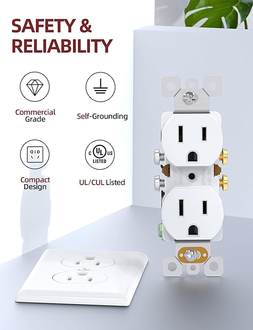 AIDA Outlet White Duplex Receptacle with Wall Plate, Electrical Outlet Electrical Wall Outlet, 15 Amp Outlet 125V, Self-Grounding, 2-Pole, 3-Wire, 5-15R, UL Listed, 10 Pack, Tamper Resistant