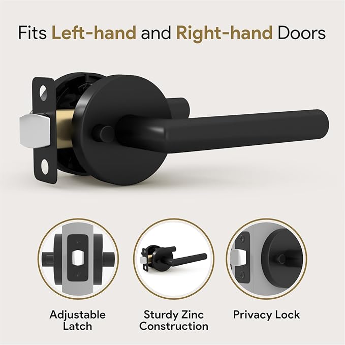 Mega Handles Ronn Privacy Lever & Lock Door Handle Set for Hallway, Closet and Bathroom, Keyless Lock, Heavy Duty Door Levers, Fits All Standard Door Sizes, Screws Included - Matte Black (1 Pack)