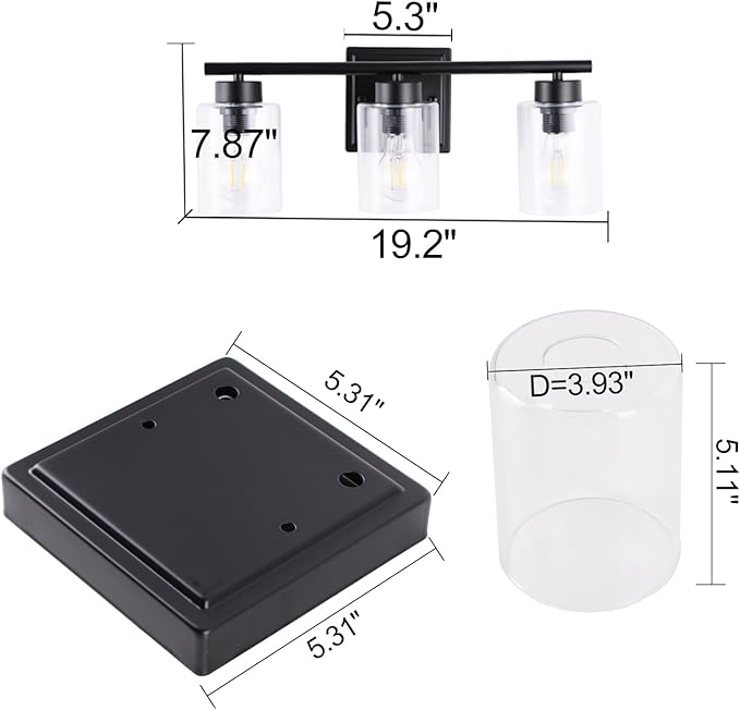 3 Light Bathroom Light Fixtures, 19.2 Inches Bathroom Lighting Fixtures Over Mirror, Black Vanity Light with Clear Glass Shades