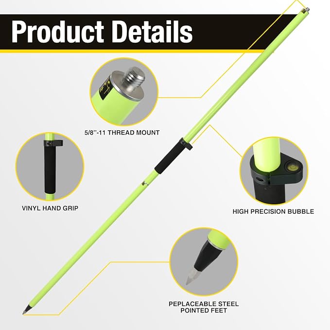 GPS Pole, 6.6FT Surveying Prism Pole, 2M Prism Pole for Land Surveying, Black