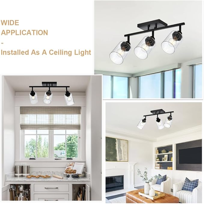3-Light Track Lighting Fixtures Ceiling Spot Light, Black Flush Mount Wall Bathroom Vanity Light with Seeded Glass Shade for Dining Room Hallway Porch