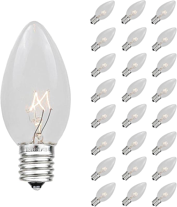 Novelty Lights Christmas Replacement Bulbs - Outdoor Individual Bulbs for Events, Holiday Parties, Patios, and More - C7/E12 Candelabra Base, 5 Watt Lights (Clear, 25 Pack)