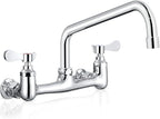 Wall Mount Commercial Sink Faucet with 8" Swivel Spout, 8" Center Wall Mount Kitchen Faucet, Dual Handles Brass Utility Sink Faucet for Laundry Room Restaurant