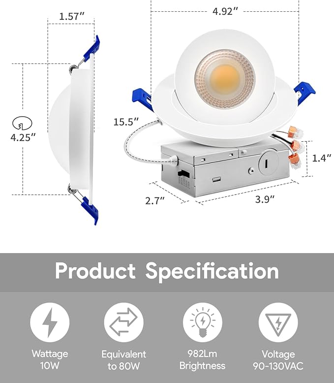 Adetu 4 inch 5CCT Gimbal Led Recessed Lights, 360°+90° Adjustable Directional Recessed Lighting, 2700K/3000K/3500K/4000K/5000K Dimmable Retrofit Eyeball Can Lights with Jbox, ETL(White, 6 Pack)