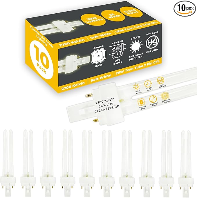 GoodBulb 26 Watt CFL Light Bulbs 2 Pin G24D-3 Base 2700K Soft White 26W High Output 1800 Lumens Double Tube Compact Fluorescent Light Bulbs Plug-in 10 Pack