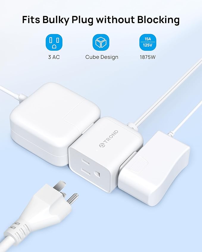 TROND 2 Prong to 3 Prong Flat Outlet Adapter with 6 Inch Cord, 3 Way Flat Plug Extension Outlet Extender, Multi Plug Wall Splitter, for Non-ground Socket in Old Home Office Hotel Travel, White