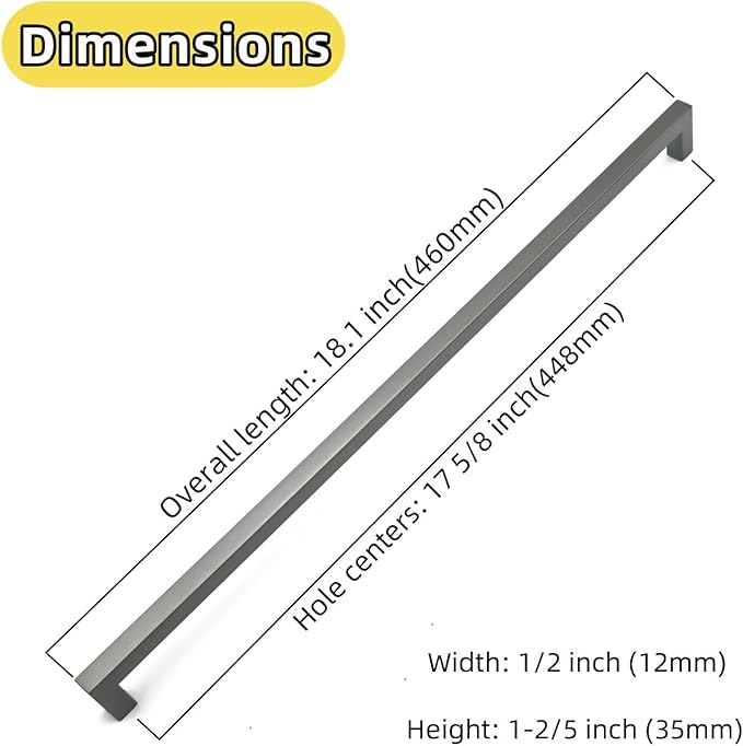Ancient Grey Cabinet Pulls 17-5/8 Inch Hole Centers(448mm), Long Cabinet Handles Square Drawer Pulls 10 Pack, Stainless Steel Wardrobe Handles