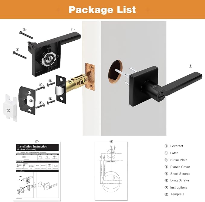 Probrico Privacy Black Door Handle Interior Lockset Heavy Duty Square Door Lever for Bedroom or Bathroom Reversible Keyless Slim Handleset Door Knob 5 Pack