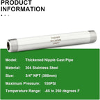 TAISHER 2PCS Stainless Steel Pipe Fittings, 3/4" NPT Male x 3/4" NPT Male Threaded, 12" Length Thickened Nipple Cast Pipe