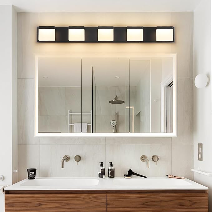 SineRise LED Modern Bathroom Vanity Light Fixtures (5-Light, 40-Inch, 5CCT), Matte Black Modern Acrylic Bathroom Wall Lighting Fixtures Over Mirror (3000K/3500K/4000K/5000K/6000K)