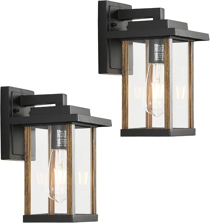 Outdoor Wall Sconce, Outside Porch Light Fixtures, Anti-Rust Exterior Wall Lights in Wood Grain & Black Finish with Clear Glass for Garage Doorway Entryway, 2 Pack