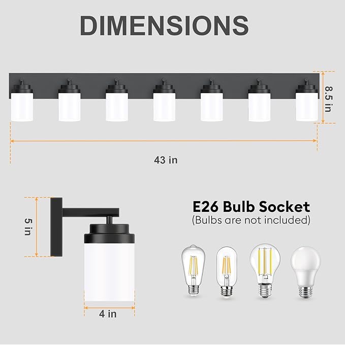IZORRO Bathroom Vanity Light Fixture, 7-Light 51 Inch Matte Black Bathroom Light Fixtures Over Mirror, with White Glass Shade, Modern Farmhouse Vanity Lights, Rustic Restroom Lighting Fixtures
