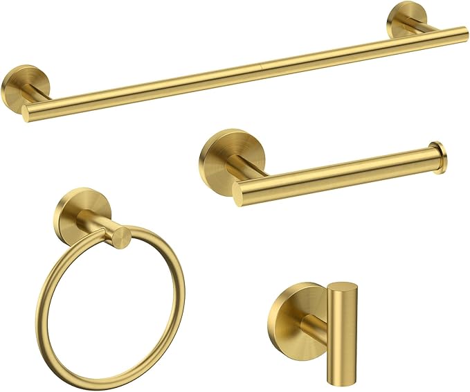 USHOWER Brushed Gold Bathroom Accessories Set, 24-Inch Towel Bar Set Wall Mounted, Durable SUS304 Stainless Steel Bathroom Hardware Set, 4-Piece