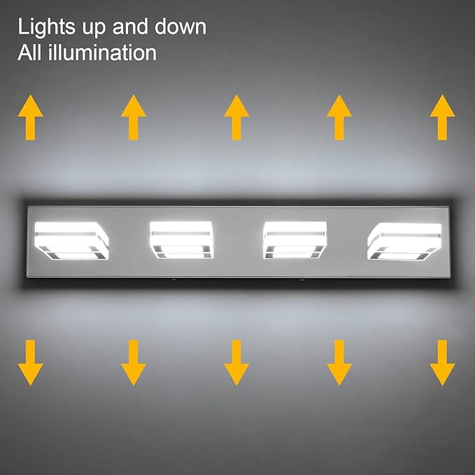 Ralbay Modern LED Bathroom Vanity Lights 4 Lights Up and Down Modern Chrome Bathoom Wall Lighting Over Mirror Rotatable Acrylic Stainless Steel Chrome Vanity Lights