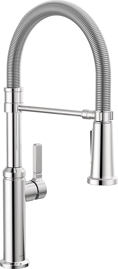 Delta Rhett Pro Style Commercial Kitchen Faucet with Pull Down Sprayer, Chrome Single Hole Kitchen Sink Faucet, Single Handle, Chrome 18829-DST