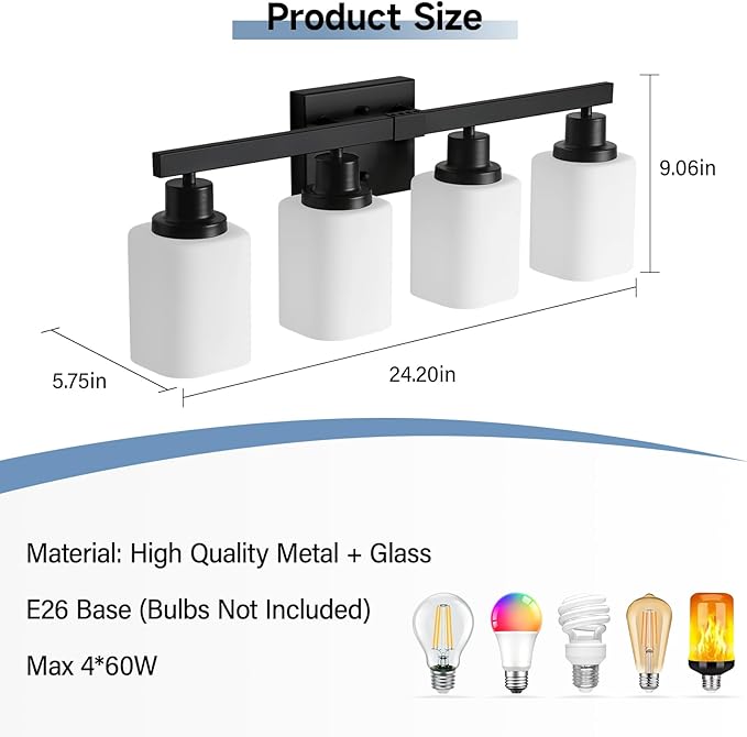 4-Light Bathroom Vanity Light, Modern Matte Black Bathroom Light Fixtures with Square Frosted Glass, Wall Sconces fixtures Over Mirror Restroom,Living Room Hallway E26