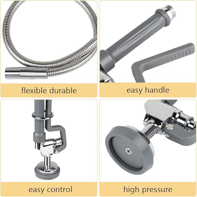 38 Inch Pre Rinse Hose with Sprayer Valve, Commercial Faucet Flexible Hose with Spray Head Replacement Kit for Commercial Restaurant Kitchen Sink Faucet - Grey