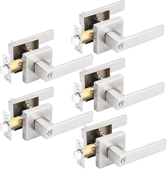 Gobrico 5 Pack Satin Nickel Square Door Levers with Privacy Lock,for Bedroom and Bathrom,Zinc Alloy Made Heavy Duty