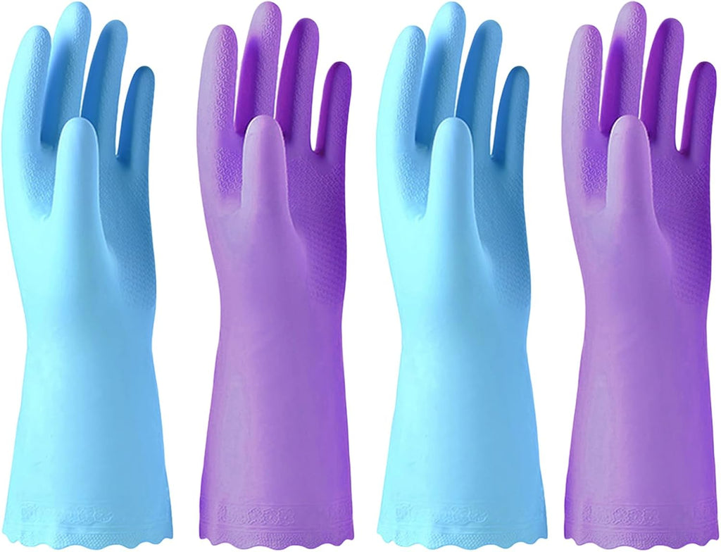 Alimat PluS 4PCS Reusable Cleaning Gloves Latex Free, Dishwashing Gloves with Cotton Flock Liner and Embossed Palm, Waterproof Household Rubber Gloves for Laundry, Gardening(Large, Blue+Purple)