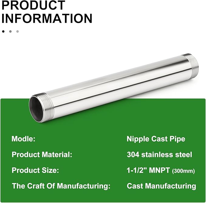 TAISHER 1PCS Stainless Steel Pipe Fittings, 1-1/2" NPT Male x 1-1/2" NPT Male Threaded, 12" Length Nipple Cast Pipe