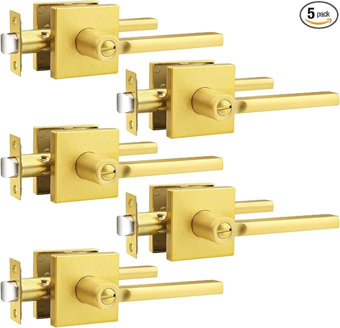 Probrico Gold Privacy Door Handle Lockset Heavy Duty Square Satin Brass Interior Door Lever for Bedroom or Bathroom Reversible Keyless Handleset Door Knob Slim Handed Levers, 5 Pack
