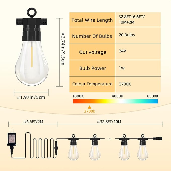 LED Outdoor String Lights with 20 Shatterproof Edison Bulbs, 39.4FT Commercial Grade Patio Lights, Replaceable Wick Outside Hanging Lights Waterproof for Porch, Deck, Garden, Backyard 2700K