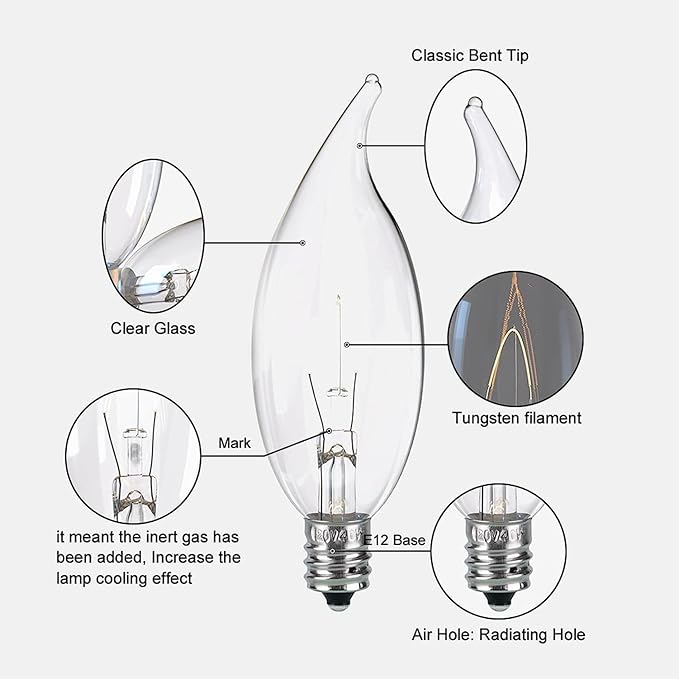 12-Pack Clear B10 CTC E12 Base Decorative Candle Light Bulbs, 60W, 480 Lumens, 2700K Warm White, Dimmable Incandescent Bulbs for Chandeliers and Wall Sconces