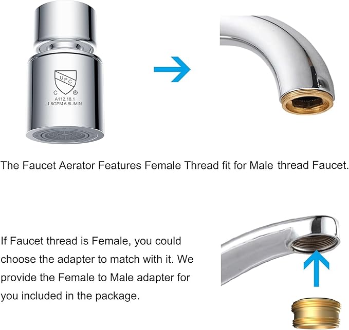 Hibbent 2 Pack NSF/ANSI/CAN 61 Certified Faucet Aerator, CUPC Certification 360 Degree Swivel Sink Aerator, Dual-function Sprayer Faucet Replacement Part, 55/64 Inch Female Thread, Chrome