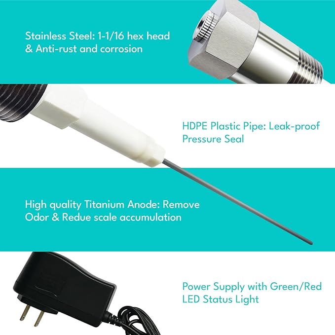 Powered Anode Rod for Hot Water Heater Tank with Teflon Tape, Titanium Electrical Anode Rod, Eliminates Rotten Egg Smell, Stops Corrosion Reduces Limescale