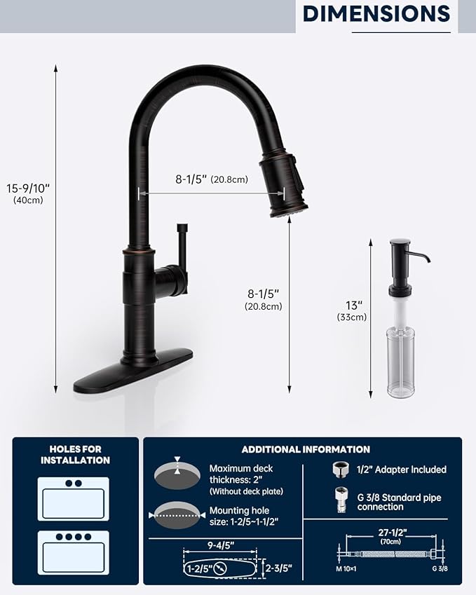 Antique Oil Rubbed Bronze Kitchen Sink Faucet with Soap Dispenser, DAYONE Pull Down Farmhouse Faucet for Sink with 3 Mode Sprayer, Single Handle High Arc, DAY-APS136-ORB