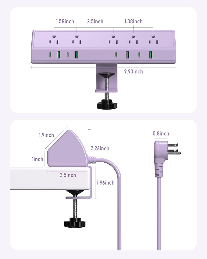 Jgstkcity Desk Clamp Power Strip, 45W Fast Charging Station,4 USB-C, 4 USB-A,1200J Surge Protector,ETL Listed,1875W Extension Cord,Multiple Outlets for Home, Office (Purple, 6 FT Cable)